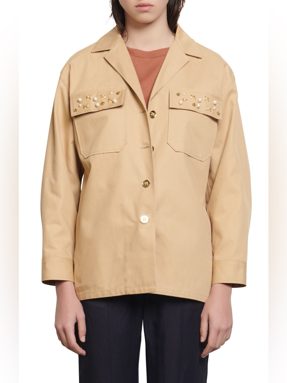 Sandro Paris Women’s Embellished Utility Shirt Jacket Beige Size 40 / US 8 / S-M